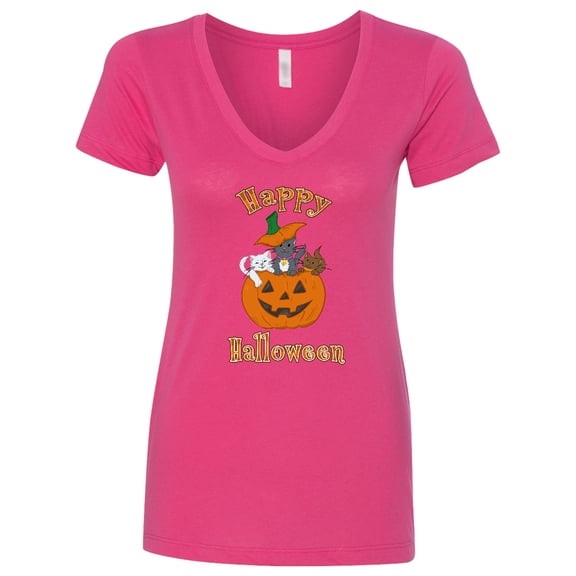 Inktastic Happy Halloween Kittens in Pumpkin Women's V-Neck T-Shirt