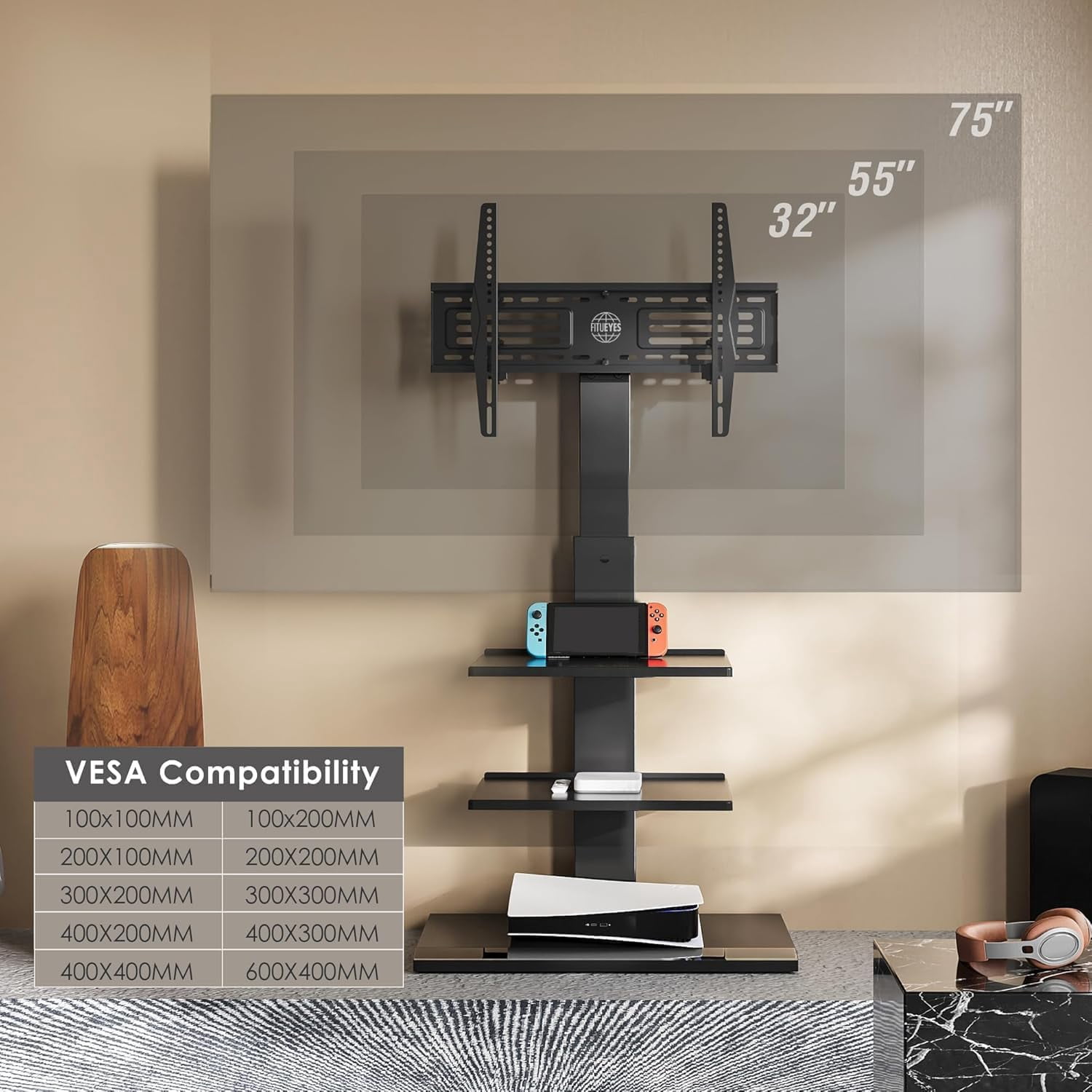 FITUEYES Corner TV Stand for 32–75 Inch TVs, Black, Swivel & Tilt, Height Adjustable, Iron Base
