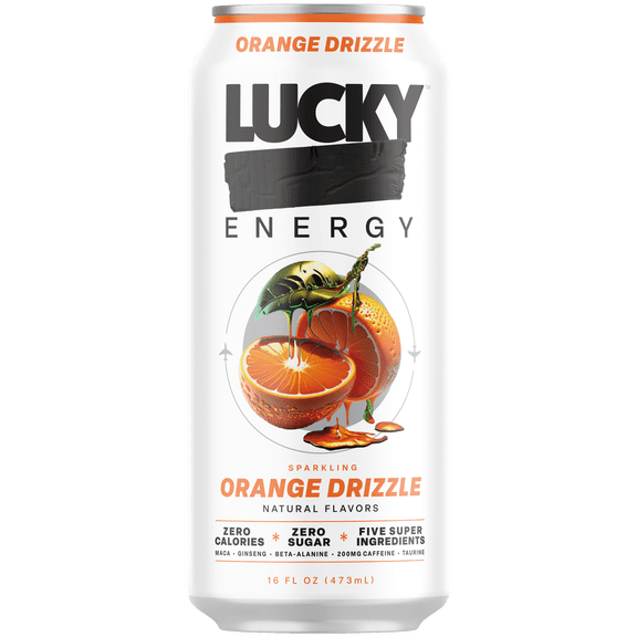 Lucky Energy Sugar Free Energy Drinks 16 fl oz Can, Orange Drizzle with Maca, Ginseng, Taurine, Beta-Alanine, 200mg Caffeine, Zero Calories