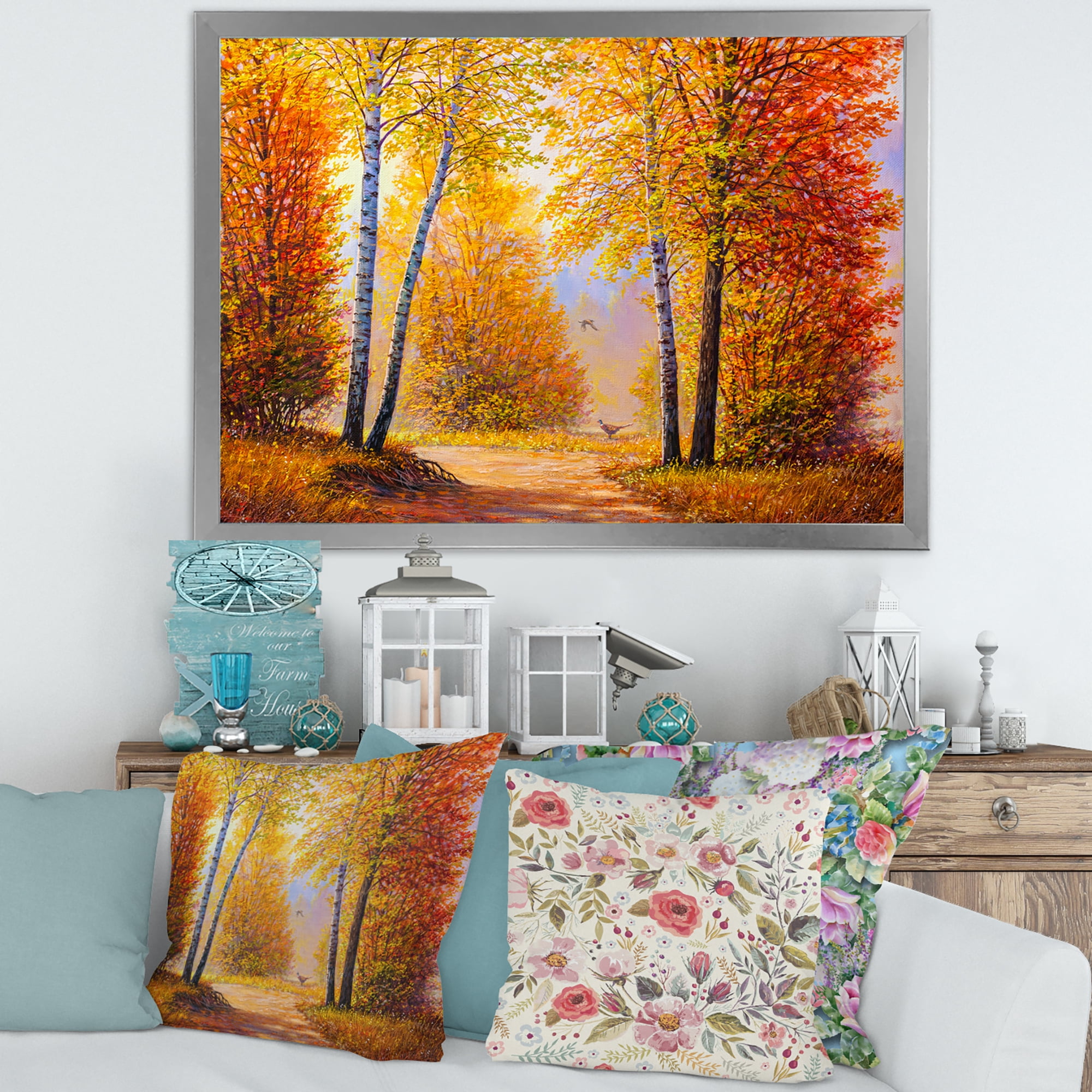 Designart 'Sunrise Glow Through The Autumn Trees' Lake House Framed Art Print