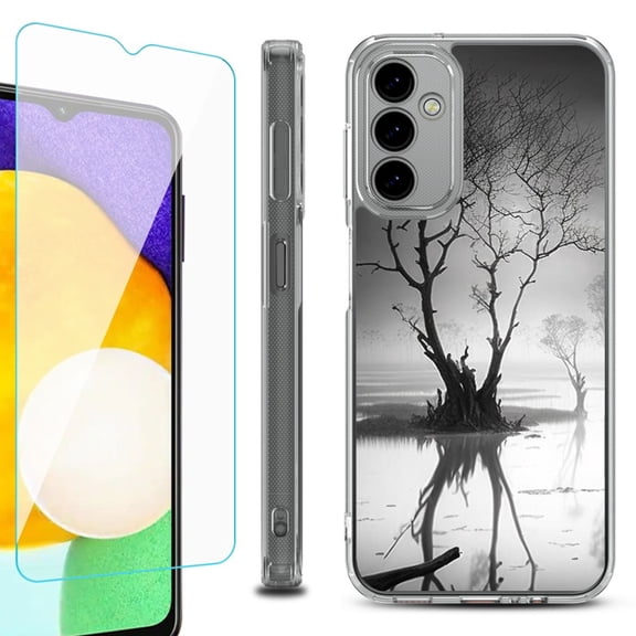 Shockproof Bumper Phone Case for Samsung Galaxy A14 5G, with Tempered Glass Screen Protector, by OneToughShield ® - Tree BW