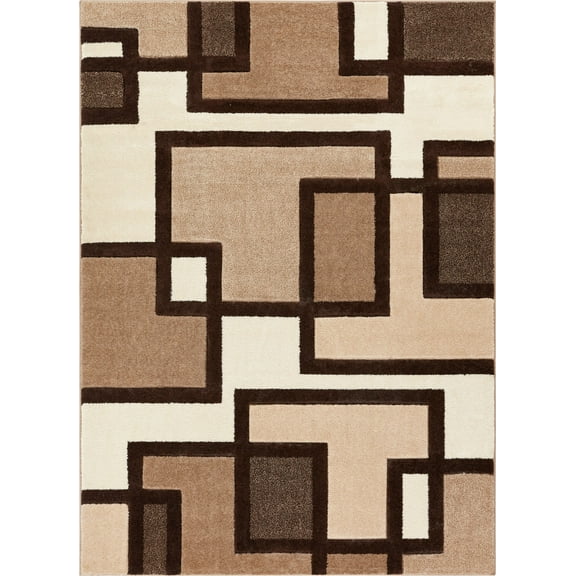 Uptown Squares Ivory & Brown Modern Geometric Comfy Casual Hand Carved Area Rug 9x13 ( 9'2" x 12'6" ) Easy Clean Stain Fade Resistant Abstract Boxes Contemporary Thick Soft Plush Living Dining Room