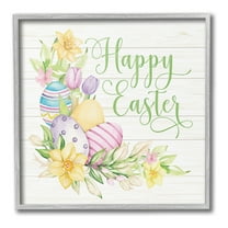 Stupell Industries Happy Easter Daffodils Holiday Painting Gray Framed Art Print Wall Art, 17 x 17