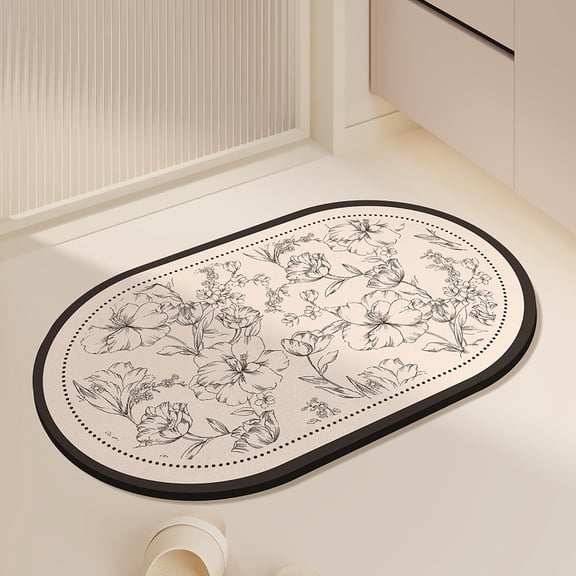 Tripumer Bath Mat 16x24 Inch Non Slip Quick Dry Absorbent Oval Floral Bathroom Rug for Shower Tub Sink Home Decor