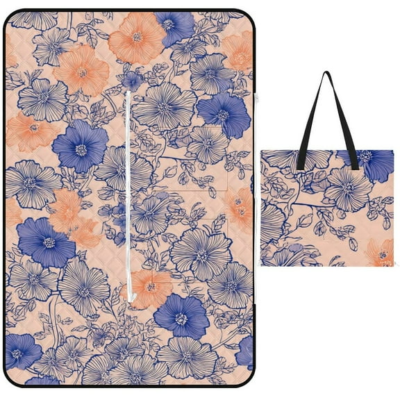 Peach Background Blue Orange Floral Print Outdoor Picnic Blanket, Foldable Waterproof Beach Mat, Portable Beach Blanket for Beach Camping, Hiking, Family Concerts