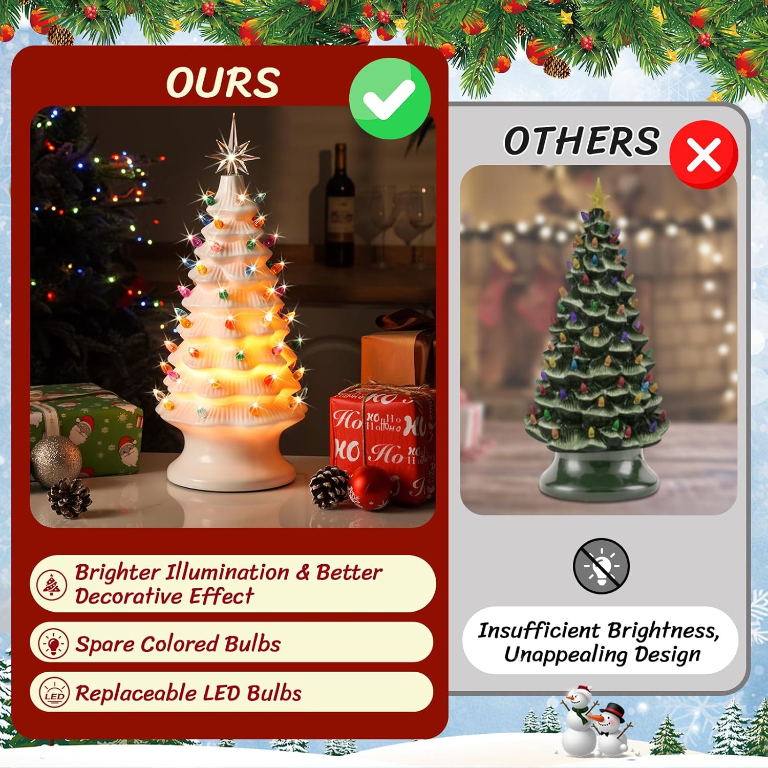Nordic Hygge 2024 Newest 16.5" Hand Painted Resin Christmas Tree with Lights, Pre-lit Xmas Tree Decor Lighted Tabletop Decoration with Multicolored LED Bulbs, White
