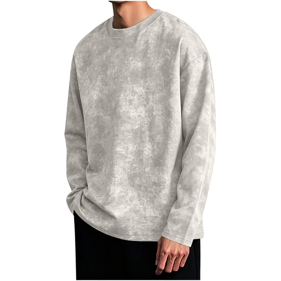 Fmbrln Mens Long Sleeve Shirts Vintage Washed Crew Neck T Shirts Loose Comfy Fashion Pullover Tops Beige 5XL
