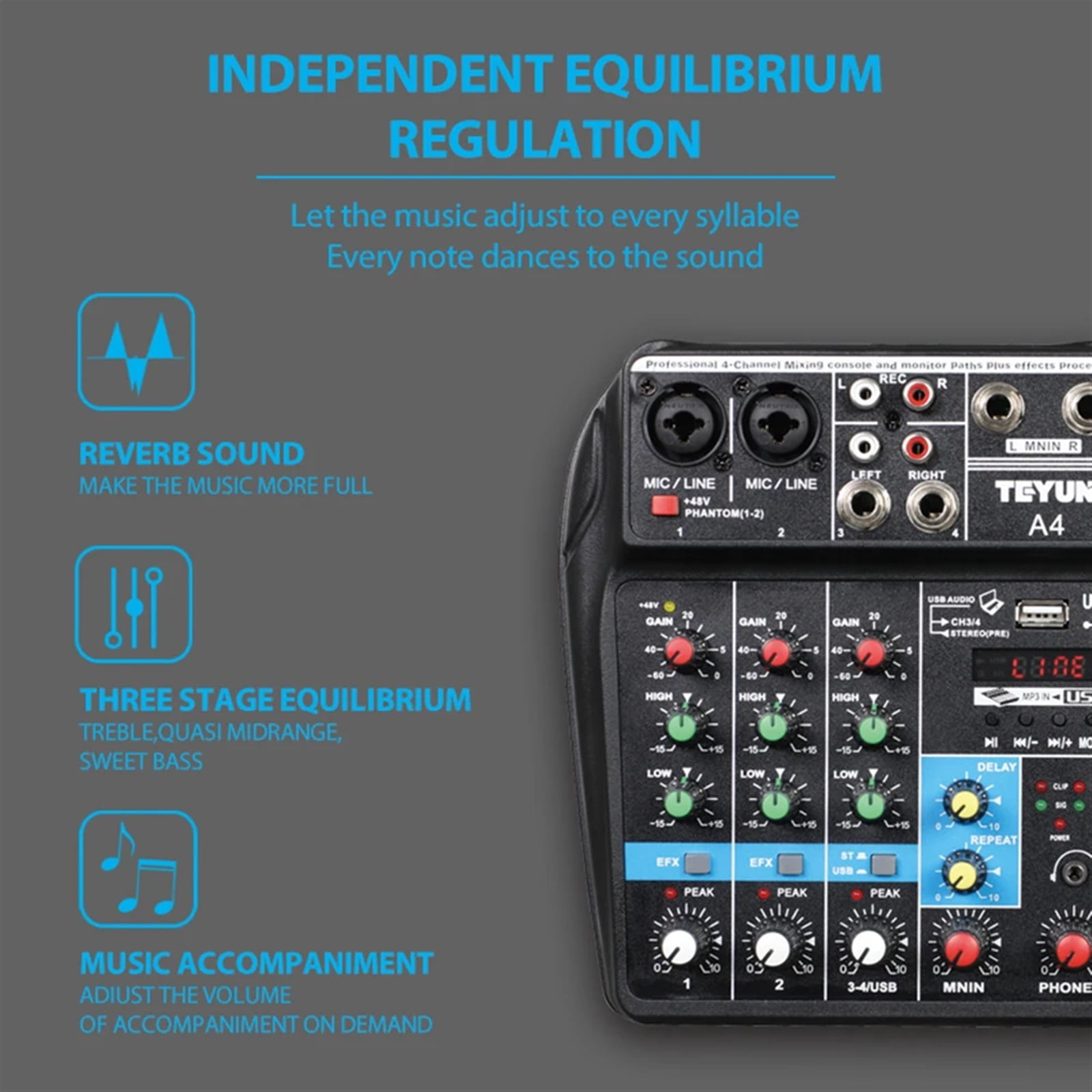 4 Channel Audio Sound Mixer Portable Mini Mixing DJ Console Bluetooth-compatible ,Precision Control