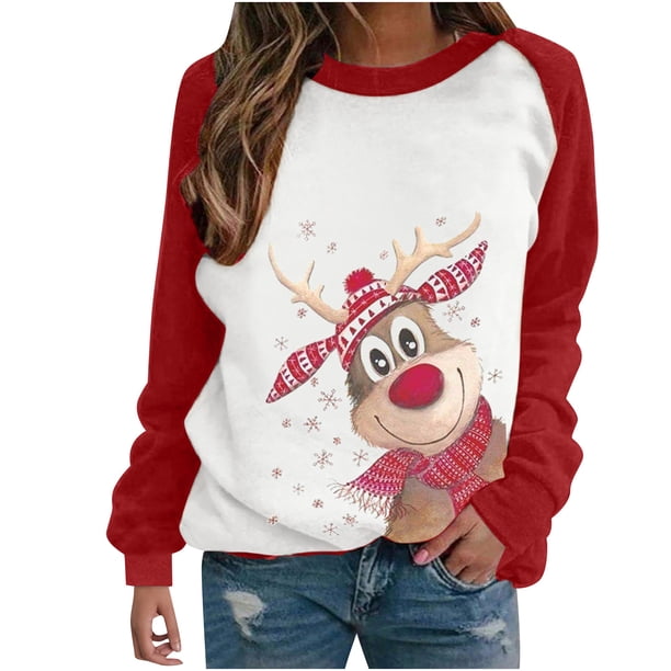 Camiseta informal de manga larga con cuello redondo y estampado navideño para mujer Pompotops qwe24055