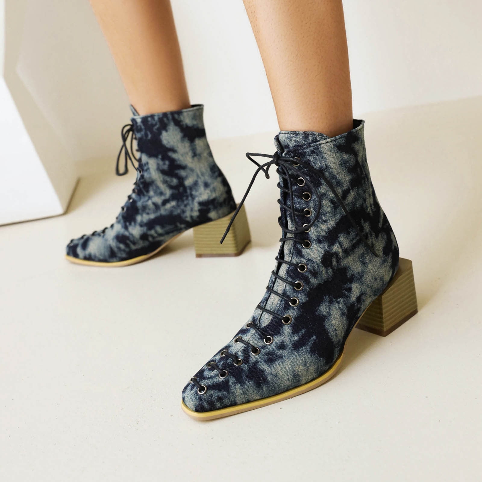 Cameland Snake Print Color blocking Cross lace Thick heel Square toe Women s Short Boots Walmart