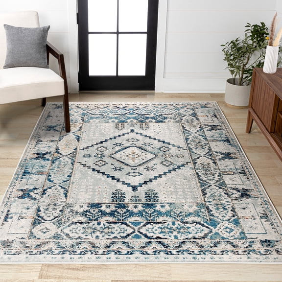 JONATHAN Y CALIFORNIA VINTAGE 4 x 6 Area Rug, Osuna Diamond Vintage Medallion - Indigo Blue/Ivory, CAV103A-4