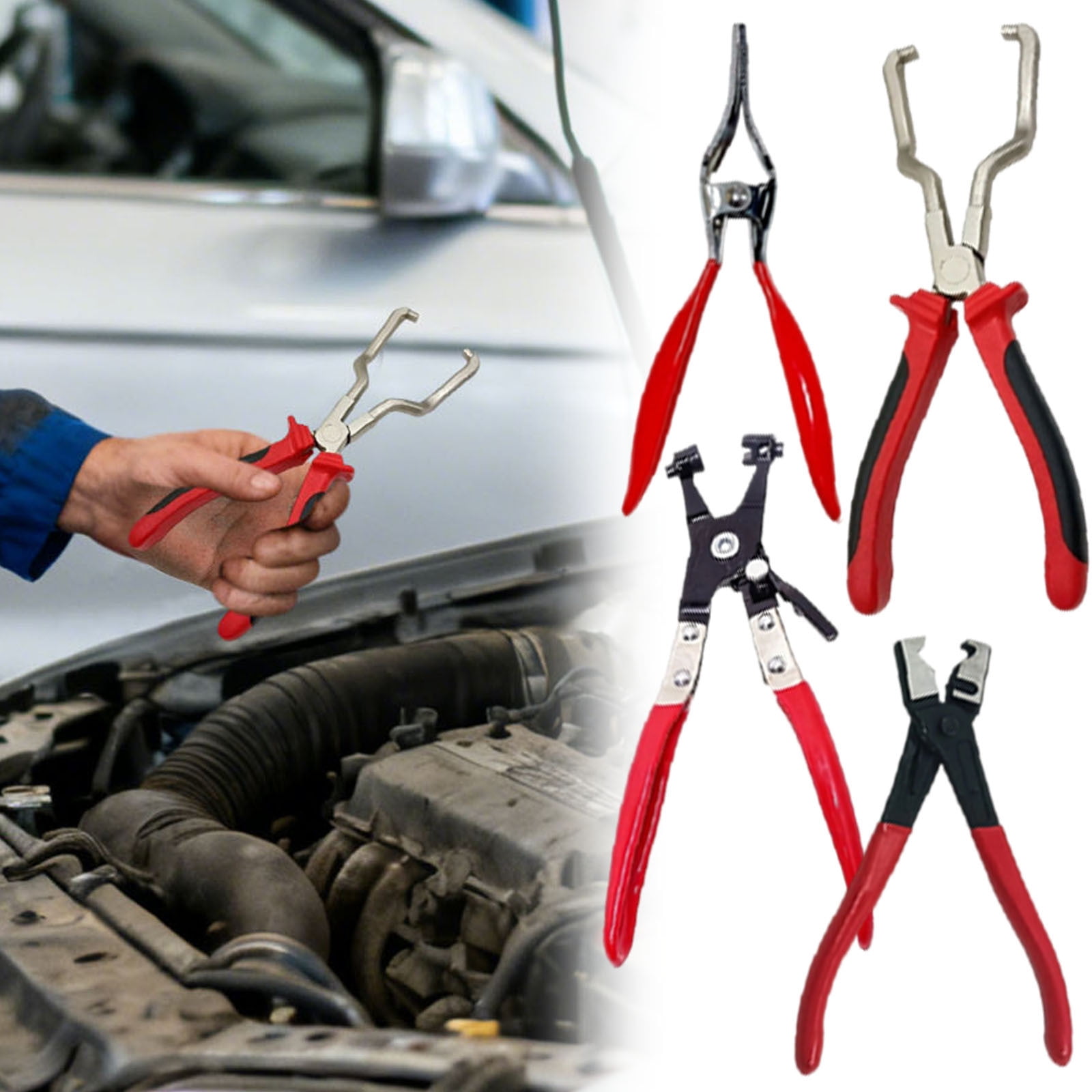 Eqslft 4PCS Automotive Hose Clamp Pliers Set, Heavy Duty Carbon Steel, Red/Black Non- Handles, for Line, Water Pipe, Oil Tube, Hose Clamp Removal & Installation