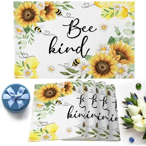 Elegant Sunflower Bee Yellow Placemats Set of 6 Washable Table Mats for Kitchen Dining Table, Heat-Resistant Cotton Linen Place Mats for Indoor Outdoor Parties Holiday Decoration, Summer Plant
