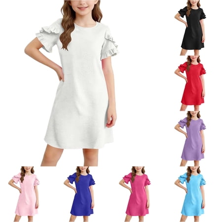 Girls Summer Dresses Short Sleeve Casual Round Neck Straight Beach Dress with Ruffle Little Girls 14-15 Years