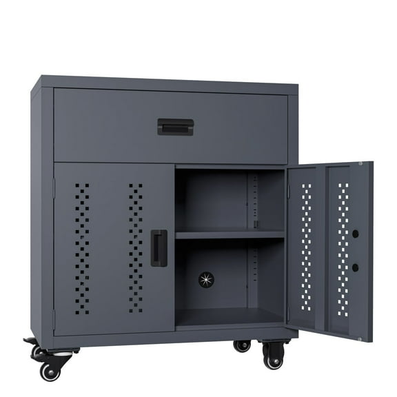 Metal garage storage cabinet with lockable door and adjustable shelves