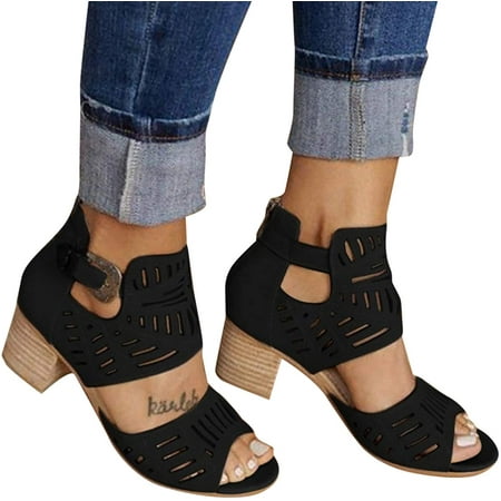 

Womens Open Toe Chunky Heeled Sandals Ankle Strap Buckle Zipper Summer Fashion Pumps Sandals Faux Suede Cutout Office Party Dress Booties