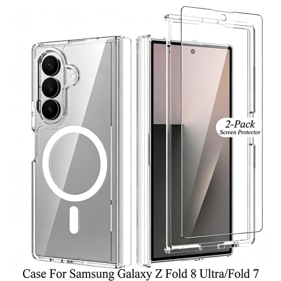 ELEHOLD Magnetic Case for Samsung Galaxy Z Fold 8 Ultra/Fold 7, Crystal Clear Shockproof Hinge Protection Cover with 2-Pack Screen Protector, Clear