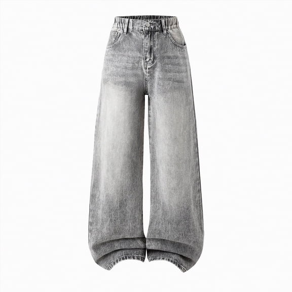 enyan Wide Leg Jeans For Girls Jeans Denim Elastic Wasit Wide Leg Baggy Pants Kids Clothes Light Gray,15-16 Years