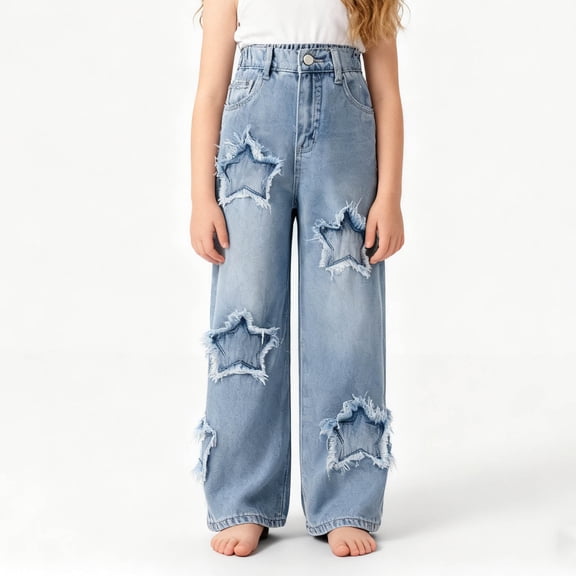 Eltusu Girls Jeans with Pockets, Wide Leg Star Loose Fit Elastic Waist Denim Pants Blue Size 6-13T