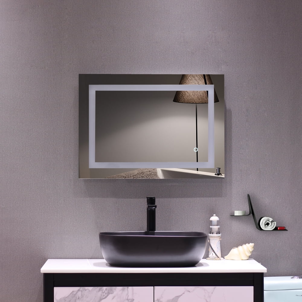 Kepooman 28"x 20" LED Lighted Wall Mount Mirror, Wall Mounted Lighted Mirror, Touch LED Wall Mount Makeup Mirror, Bathroom Vanity Make Up Whole Backlit Mirror with Built-in Light Strip, Silver