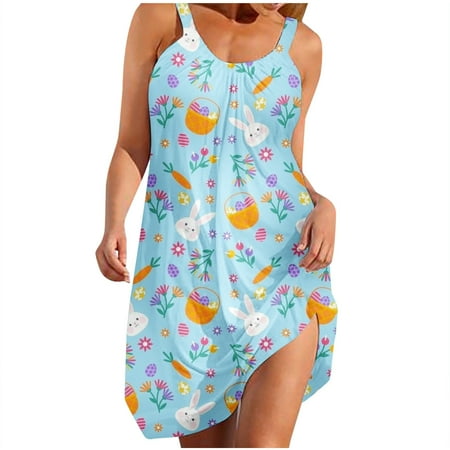 

jsaierl Easter Dress for Women Rabbit Egg Graphic Summer Dresses Cute Sleeveless Midi Dress Resort Wear Tank Dresses Happy Easter Gift for Women