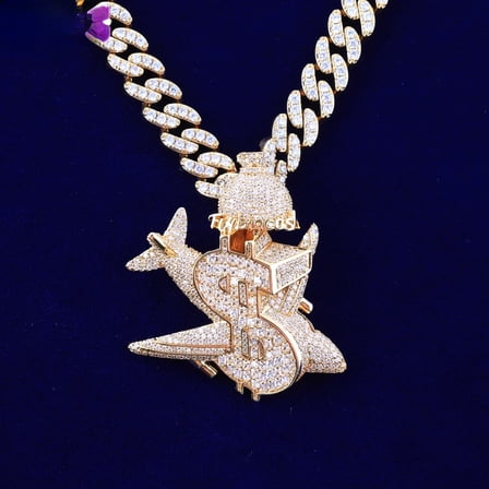 Heyoubi Iced Out Plane Dollar Sign Necklace Pendant for Men Micro Pave Real Gold Plated Hip Hop Jewelry