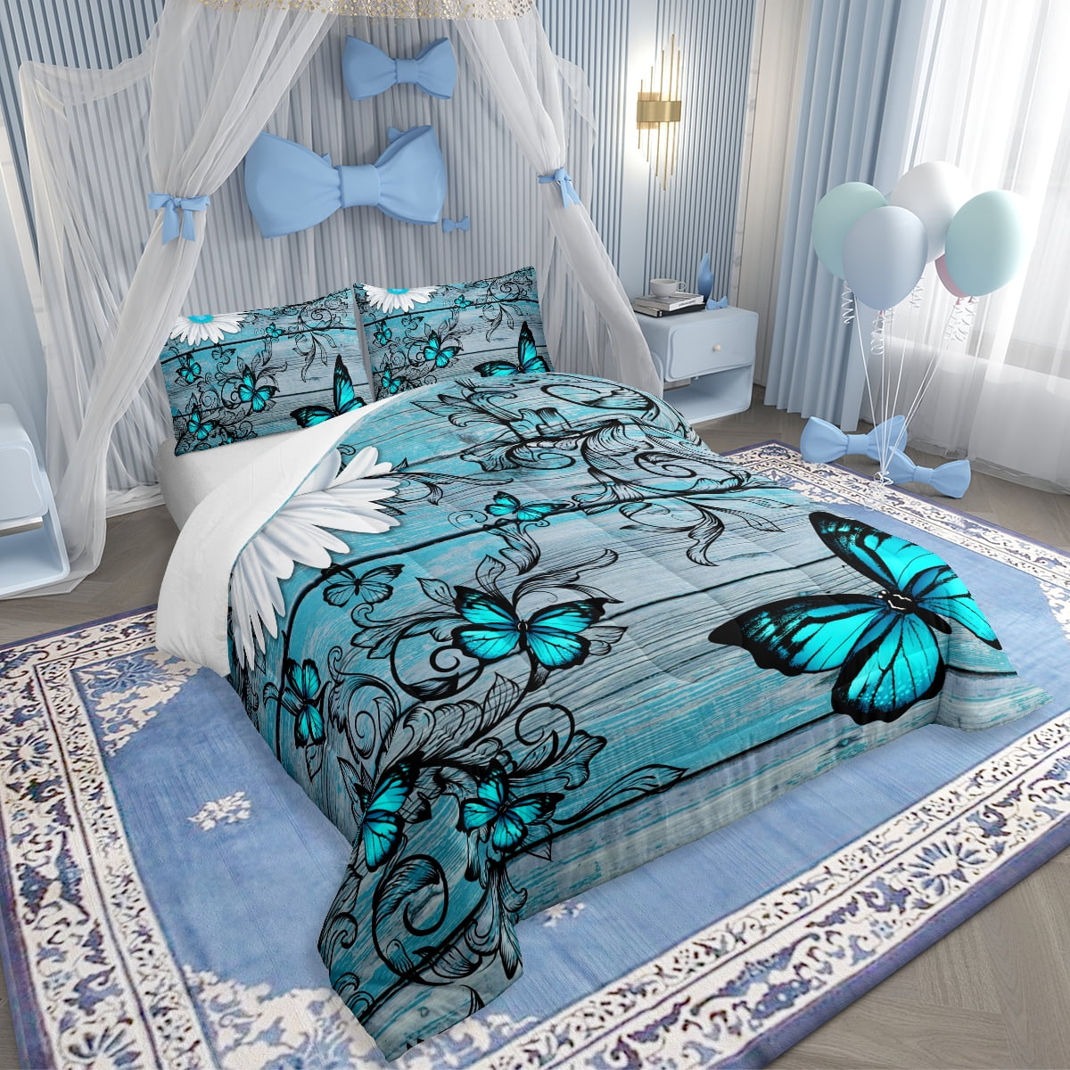 Butterfly Bedding Sets Teens Women Bedroom Rustic Flower Comforter Set King Size,Blue Butterflies White Chic Floral Duvet Set Retro Vintage Romantic Style Quilt Set Soft Lightweight