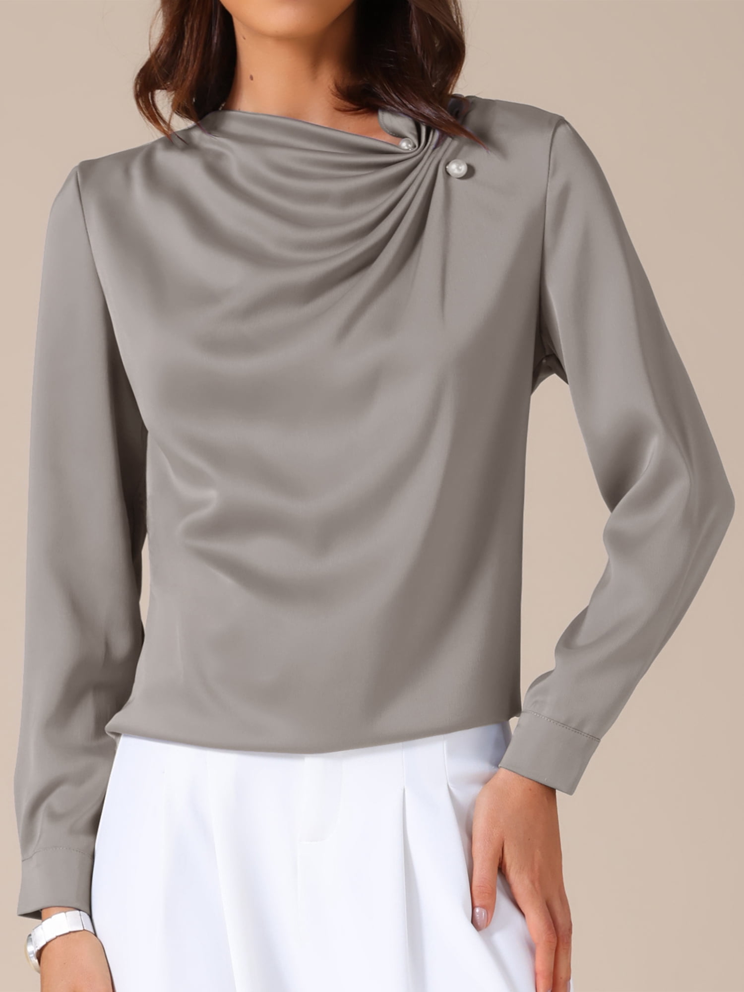 DARING DIVA Women's Business Blouses Long Sleeve Satin Shirts Work Shirt M Grey