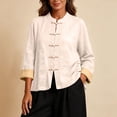 thumbnail image 5 of Nmnitkp Women's Cotton Linen Mandarin Collar Shirt Frog Button Contrast Cuffs Long Sleeve Loose Casual Top with Pockets for Fall Daily Work Loungewear Khaki,M, 5 of 6