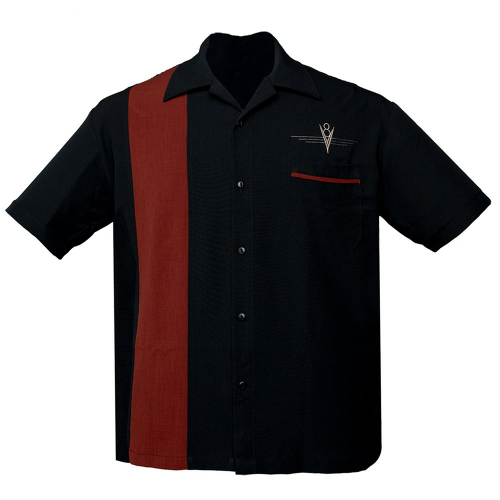 Steady Clothing Men's V8 Classic Panel Button Up Bowling Shirt Black ...