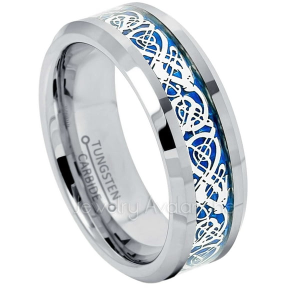 Jewelry Avalanche Mens Celtic Dragon Tungsten Ring, Comfort Fit, Beveled Edge, Tungsten Carbide 8mm