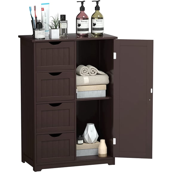 DORTALA Bathroom Floor Cabinet, Side Storage Organizer Cabinet w/ 1 Cupboard and 4 Drawers, Wooden Free Standing Storage Cabinet w/Adjustable Shelf in 3 Positions for Bathroom, Dark Brown