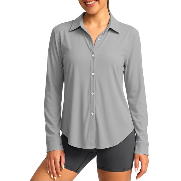 CYMMPU Women's UPF 50 Long Sleeve Sun Protection Shirt, Lapel Collar Button Down Lightweight Outdoor Cover Up Gray XXXL