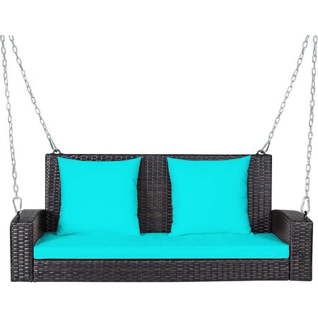 Porch Swing 2-Seat Patio Rattan, Wicker Porch Swings Outdoor W/ Two 7.9 Ft Solid Steel Chain, Comfortable Back & Seat Cushions, For Front Porch, Garden, Backyard Patio Swing (Turquoise)
