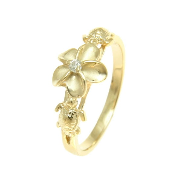 Yellow gold plated sterling silver 925 Hawaiian plumeria flower cz sea turtle ring size 3 to 10