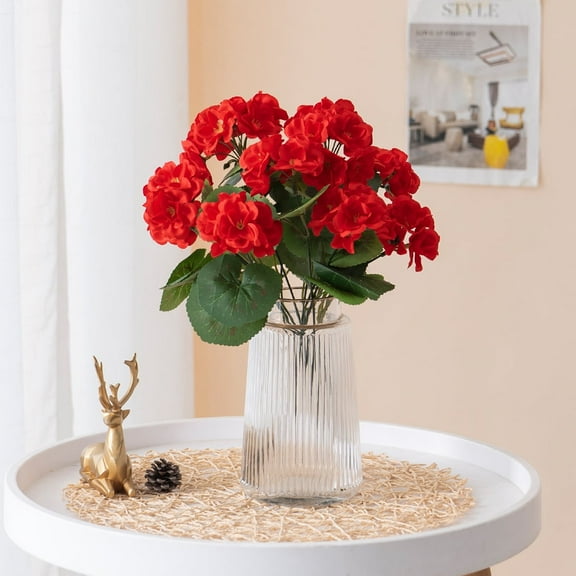 Homwamee 2 Bundles Artificial Geranium Fake Flowers , Red UV Resistant Look Real Faux Plants for Garden Home