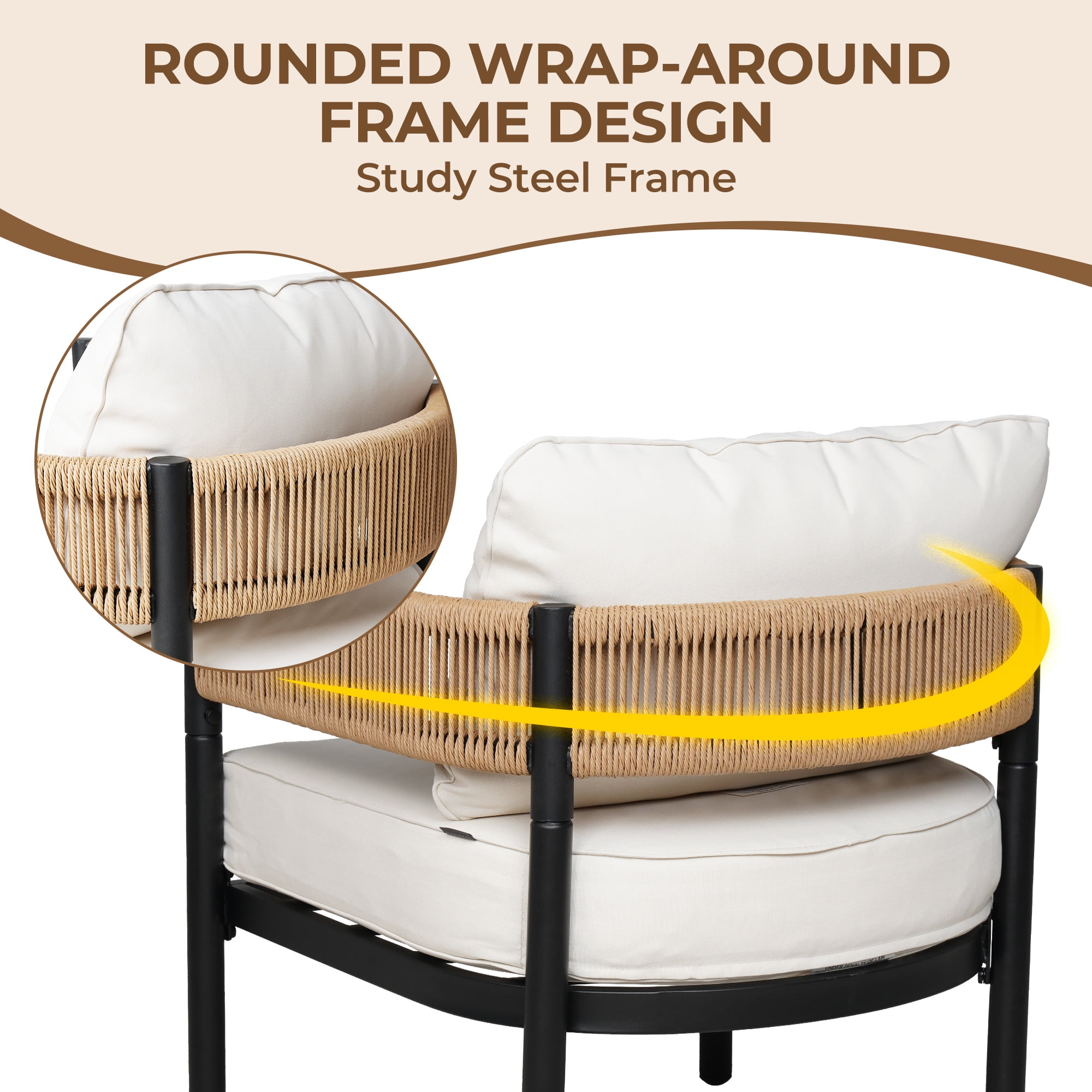 GRANDPATIO Woven Wicker 5-Piece Steel Outdoor Conversation Sets with Cushion, Khaki Wicker & Beige Cushion