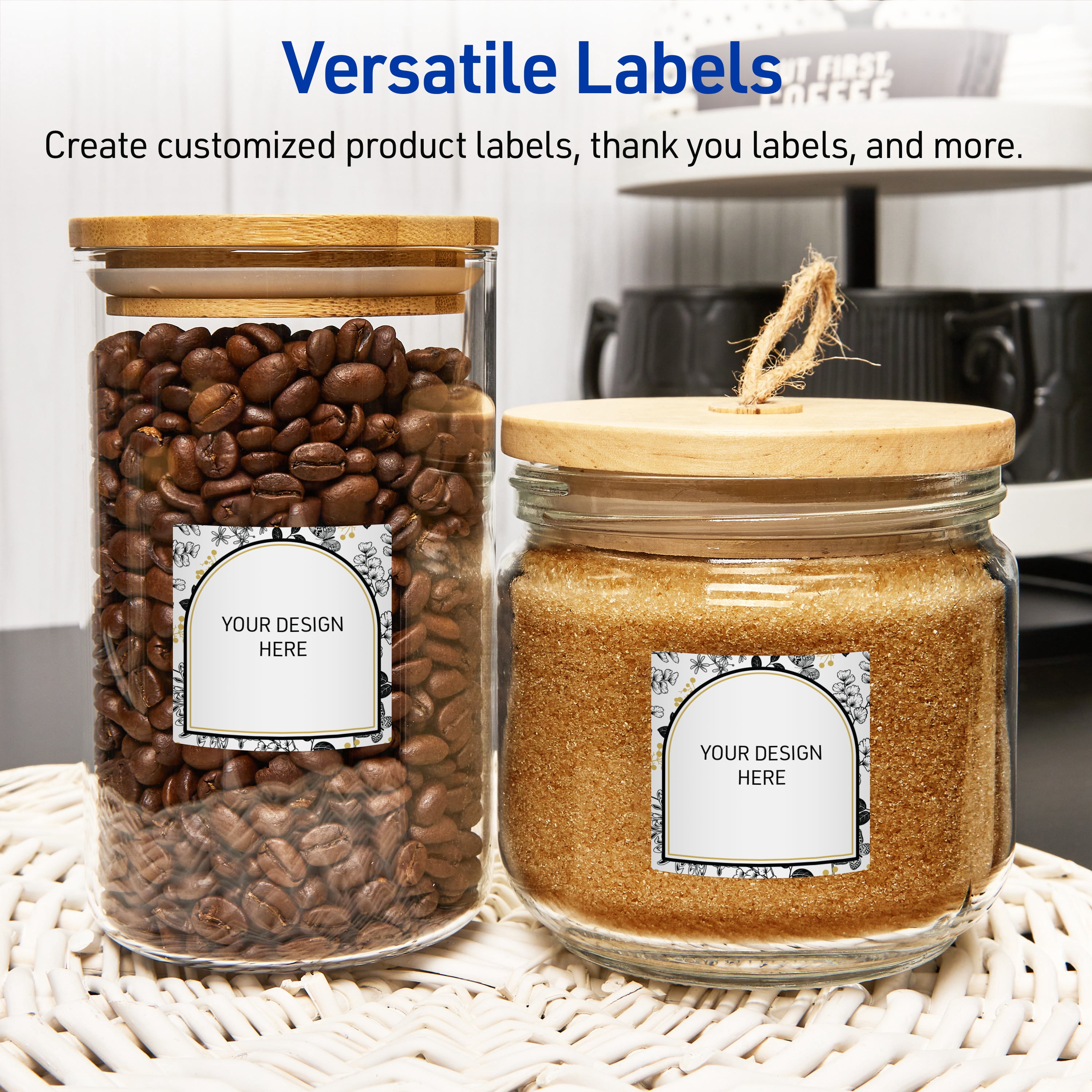 Avery Labels, 3" x 3", Glossy White, Arched Gold & Black Florals