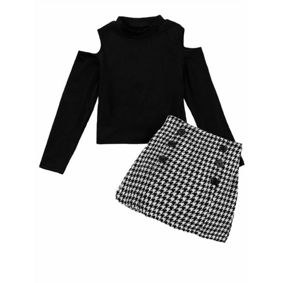 Mikrdoo 7-8Y Big Girls Skirts Sets Off Shoulder Long Sleeve Pure Color Tops Houndstooth Pattern Skirt Kids Clothes For Spring Autumn From 4T-14Y Black