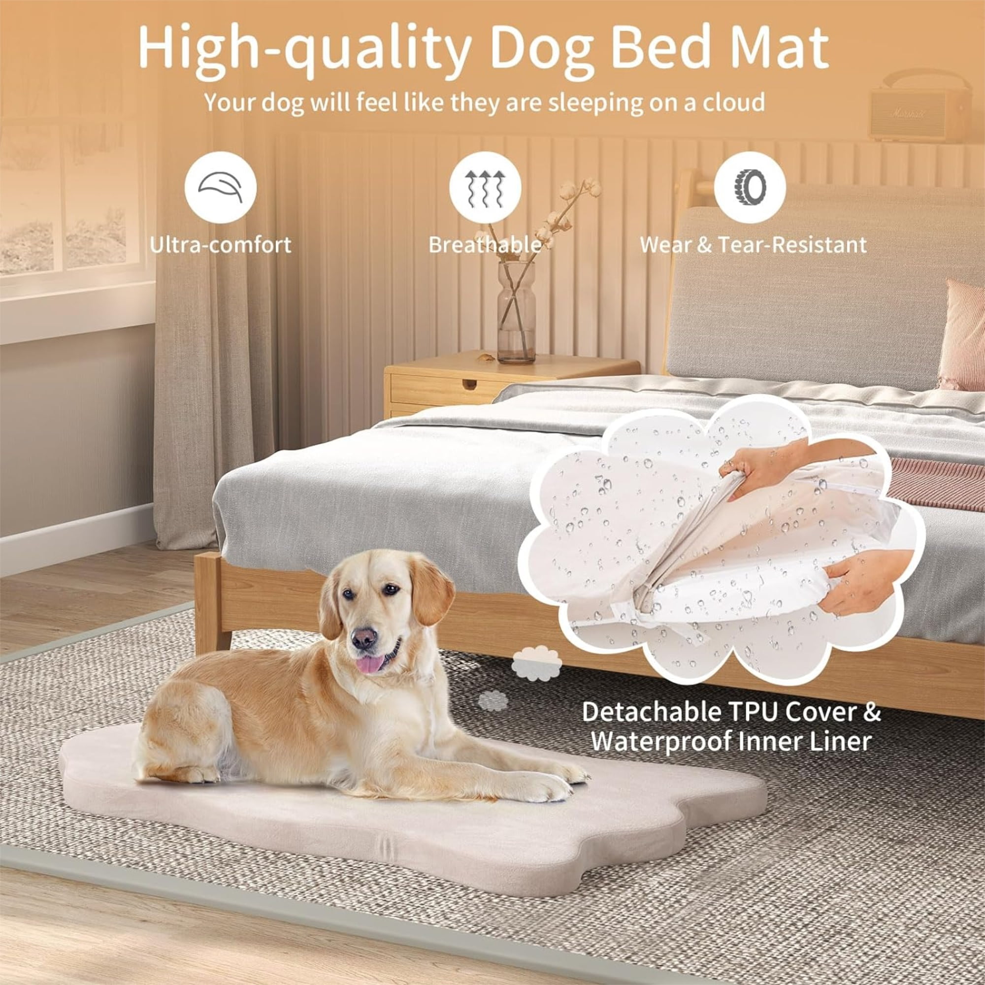 Kadyn 43" Orthopedic Dog Bed with Memory Foam Support for Large Dogs, 3" Thick Memory Foam Pet Bed with Removable Cover, Beige