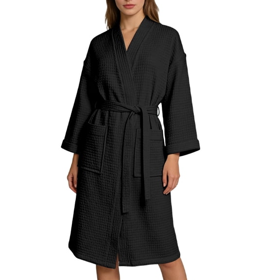 HNMKIU Lightweight Waffle Kimono Robe for Women Long Sleeve Loungewear Soft Bathrobe Elegant Home Wear for Couples 01_Black,L