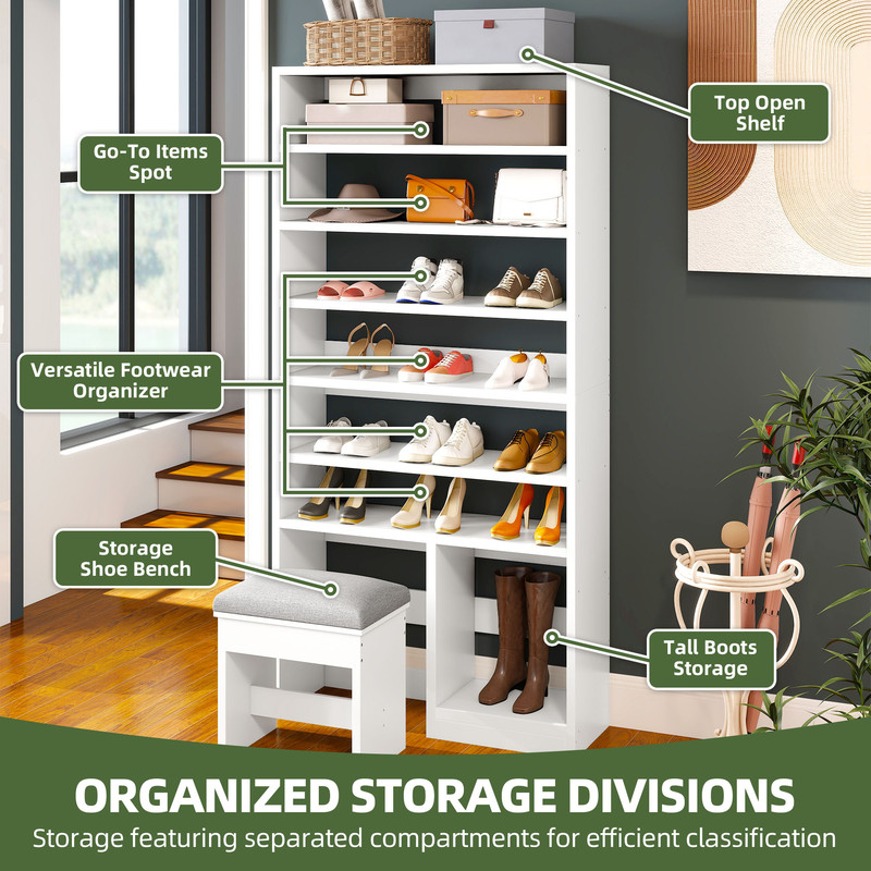 UFORIC 8-Tier Shoe Cabinet with Bench, 70.9" Tall Open Shoe Storage for Entryway, White