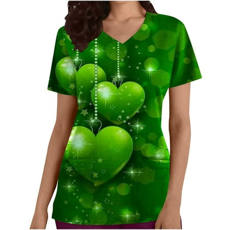 

LWZWM Women s St Patricks Day Scrub Tops Shamrock Clover Print Shirt Leprechaun Hat y2k Holiday Uniform Blouse Fashion V-Neck Casual Short Sleeve Pockets Tops Blouse Army Green XL