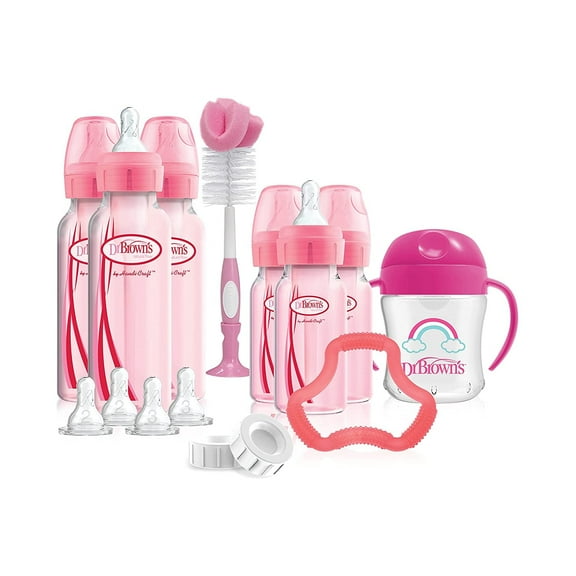 Dr. Brown's Options Baby Bottles Pink Gift Set with Silicone Teether, Pink Sippy Cup, Pink Bottle Brush and Travel Caps, Includes 6 Narrow Pink Baby Bottles