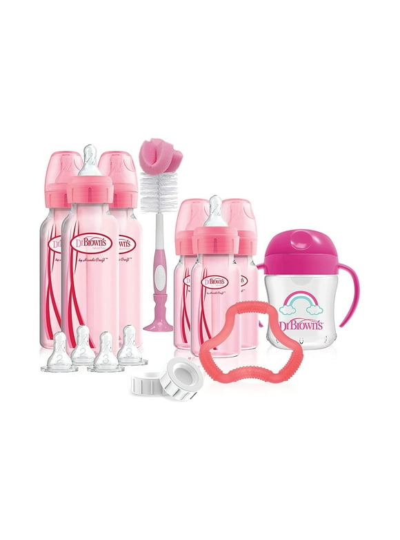 Dr. Brown's Natural Flow Anti-Colic Options+ Special Edition Pink Baby Bottle Gift Set with Soft Sippy Spout Transition Cup, Flexees Teether, Bottle Cleaning Brush and Travel Caps Pink