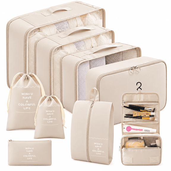 Packing Cubes - 9 PCS Travel Pouch Set, Compression Bags For Travel, Suitcase Essentials Organizer Bags Set, Beige