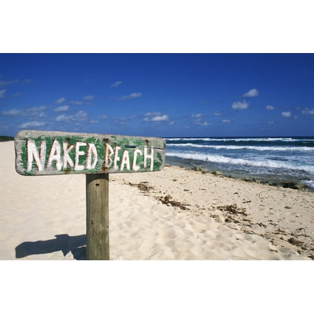 Mexico Yucatan Peninsula Cozumel Naked Beach Sign In Sand Ocean And Blue Sky In Background Stretched Canvas - Bill Bachmann  Design Pics (17 x