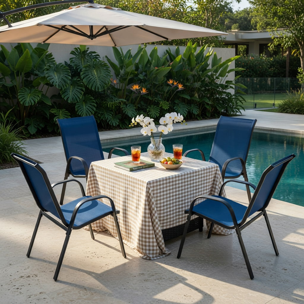 Hommoo 2-Pack Stackable Outdoor Dining Chairs with Armrests, Fabric, Grey Steel Frame, Ergonomic Patio Seating for Backyard, Deck & Balcony, Navy