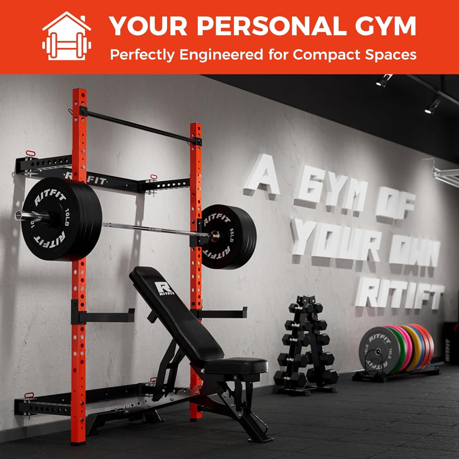 RitFit Multi-Functional Folding Squat Power Rack for Home Gym, 2.36'' x 2.36'' Wall Mounted Squat Rack with Attachments - Space Saving, Orange