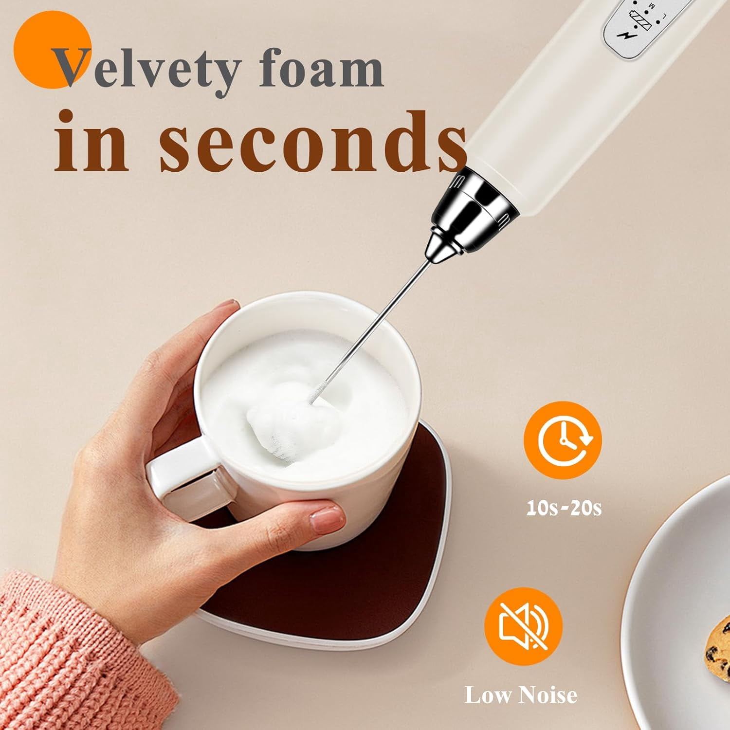 Milk Frother Handheld Rechargeable With Stand  Wand Drink Mixer Electric Whisk For Coffee Detachable 3 Stainless Whisks Hand Lattes Cappuccino Matcha Egg Beige